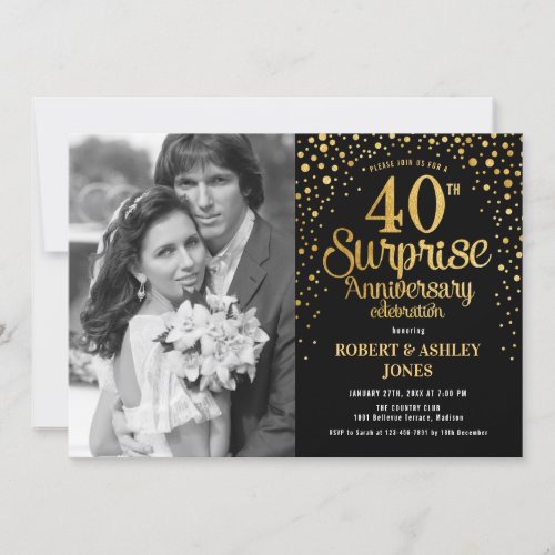 Surprise 40th Anniversary with Photo _ Black Gold Invitation