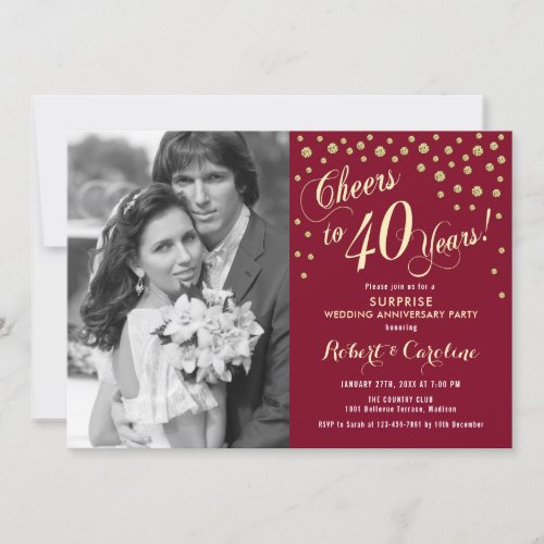 Surprise 40th Anniversary with Photo _ Gold Red Invitation