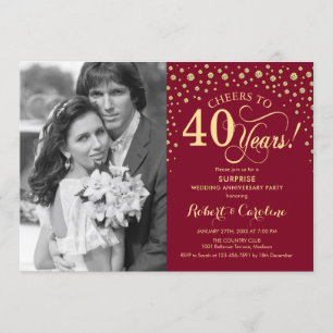 Surprise 40th Anniversary with Photo Red Gold Invitation