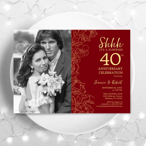 Surprise 40th Anniversary With Photo _ Red Gold Invitation