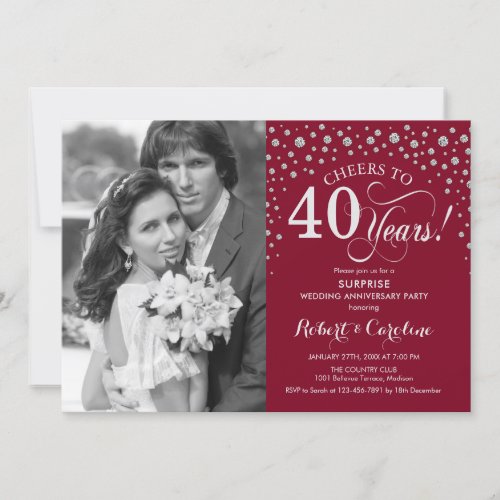 Surprise 40th Anniversary with Photo Red Silver Invitation