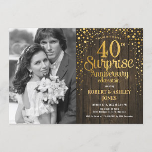 Surprise 40th Anniversary with Photo - Wood Gold Invitation