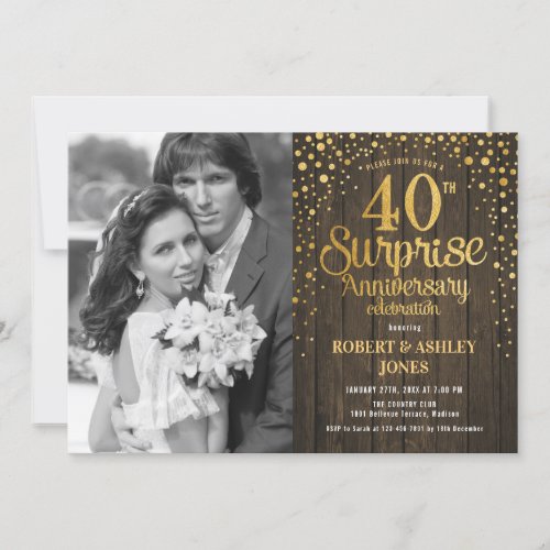 Surprise 40th Anniversary with Photo _ Wood Gold Invitation