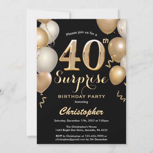 Surprise 40th Birthday Black and Gold Balloons Invitation