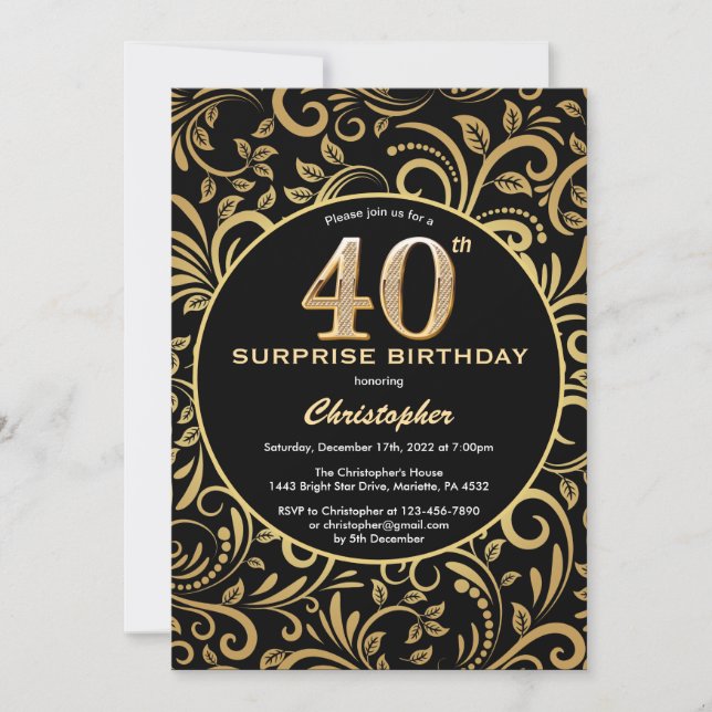 Surprise 40th Birthday Black and Gold Floral Invitation (Front)
