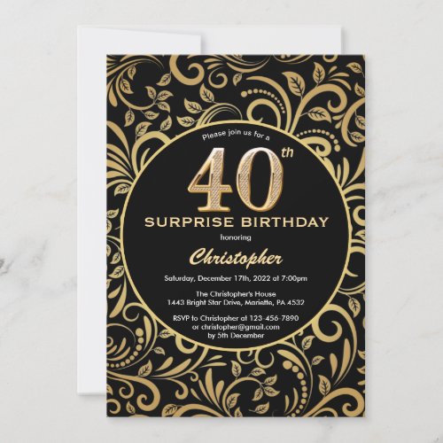 Surprise 40th Birthday Black and Gold Floral Invitation
