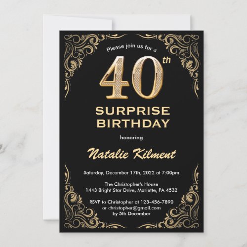 Surprise 40th Birthday Black and Gold Glitter Invitation