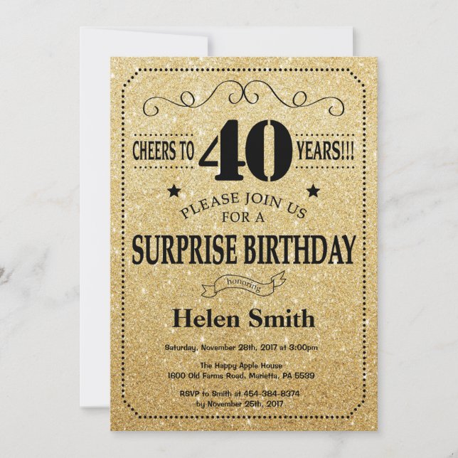 Surprise 40th Birthday Black and Gold Glitter Invitation (Front)