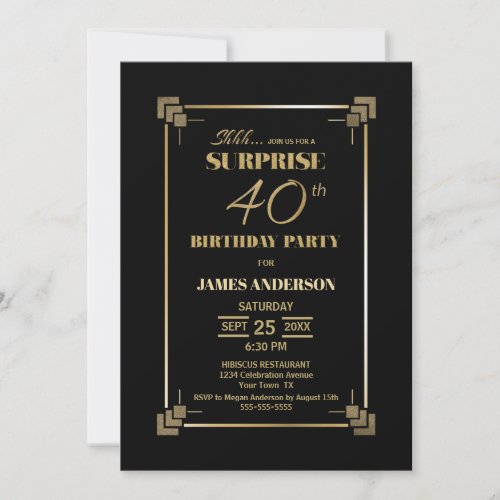 Surprise 40th Birthday Black and Gold Party Invitation