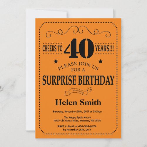 Surprise 40th Birthday Black and Orange Invitation