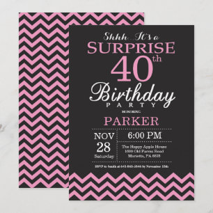 Surprise 40th Birthday Black and Pink Chevron Invitation