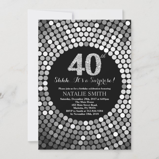 Surprise 40th Birthday Black and Silver Glitter Invitation (Front)