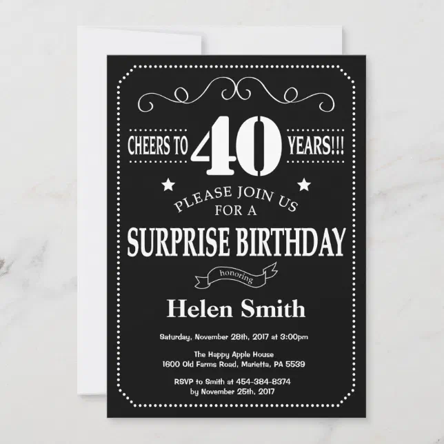 Surprise 40th Birthday Black and White Chalkboard Invitation | Zazzle