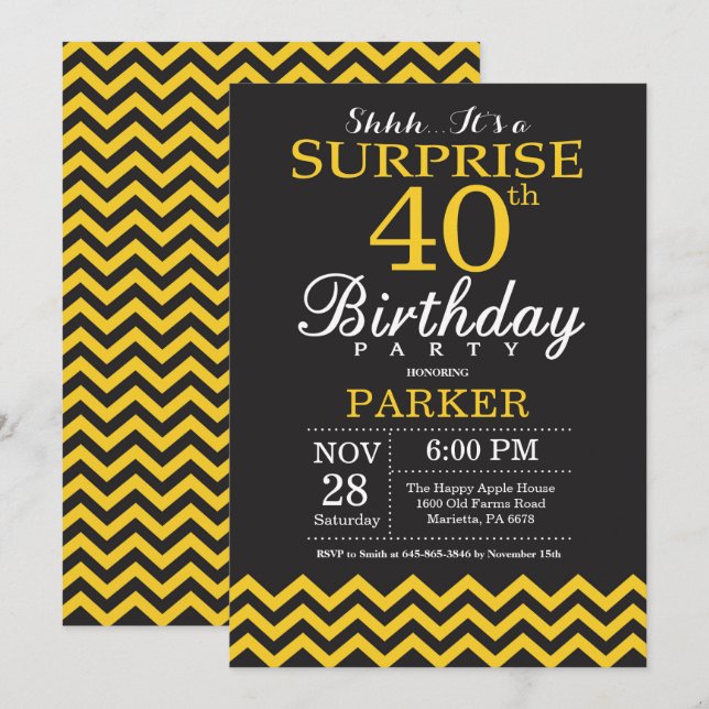 Surprise 40th Birthday Black and Yellow Chevron Invitation (Front/Back)