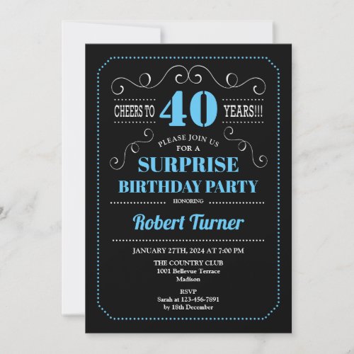 Surprise 40th Birthday _ Black Blue Invitation