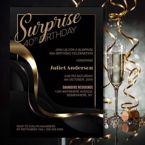 Surprise 40th Birthday Black Gold Party Invitation