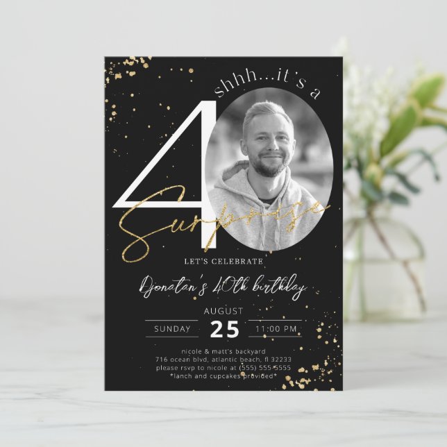 Surprise 40th Birthday Black Gold Photo Invitation (Standing Front)