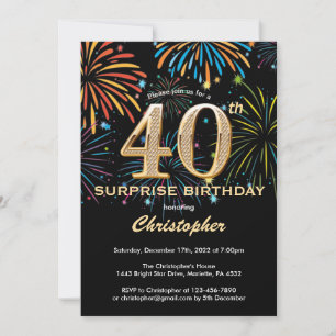 Surprise 40th Birthday Black Gold Rainbow Firework Invitation