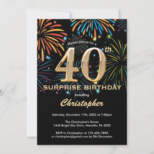 Surprise 40th Birthday Black Gold Rainbow Firework Invitation