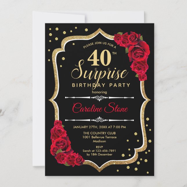 Surprise 40th Birthday - Black Gold Red Invitation (Front)