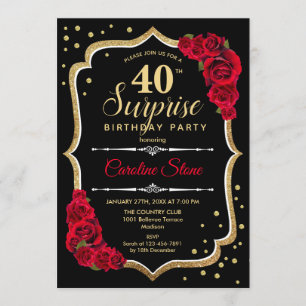 Surprise 40th Birthday - Black Gold Red Invitation