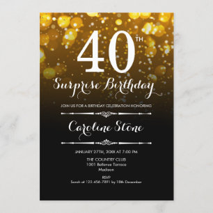 Surprise 40th Birthday - Black Gold White Invitation