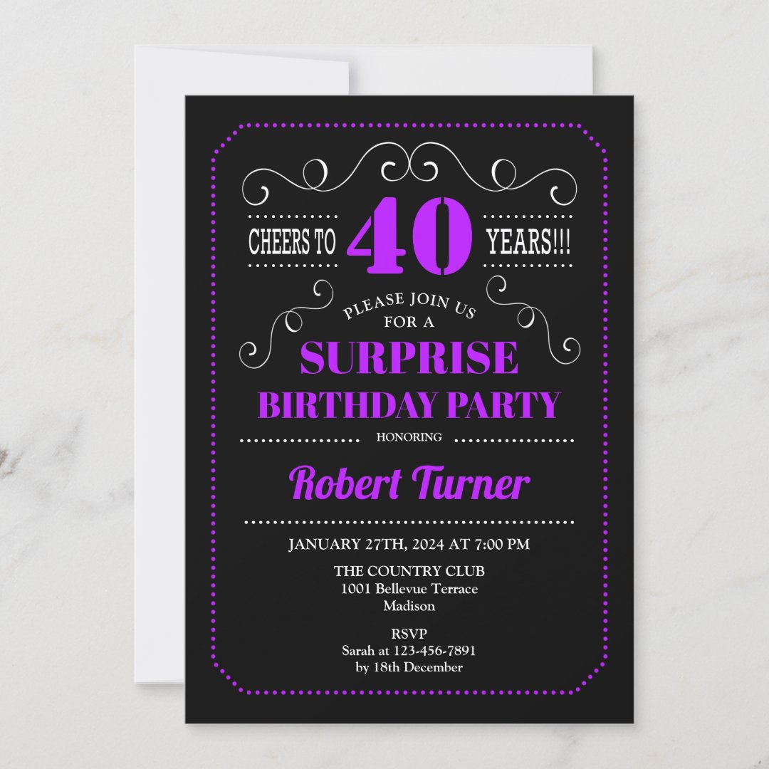 Surprise 40th Birthday - Black Purple Invitation | Zazzle