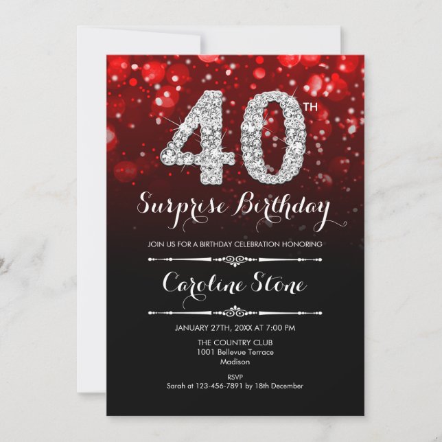 Surprise 40th Birthday - Black Red Silver Invitation (Front)