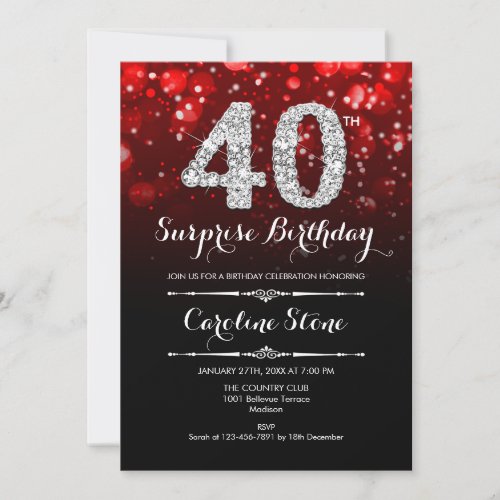 Surprise 40th Birthday _ Black Red Silver Invitation