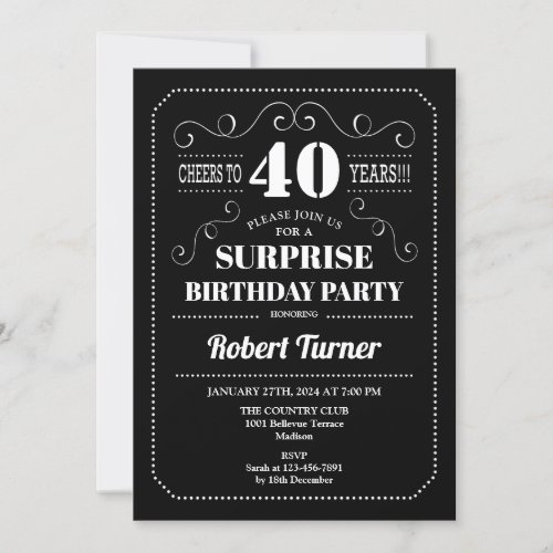 Surprise 40th Birthday _ Black White Invitation