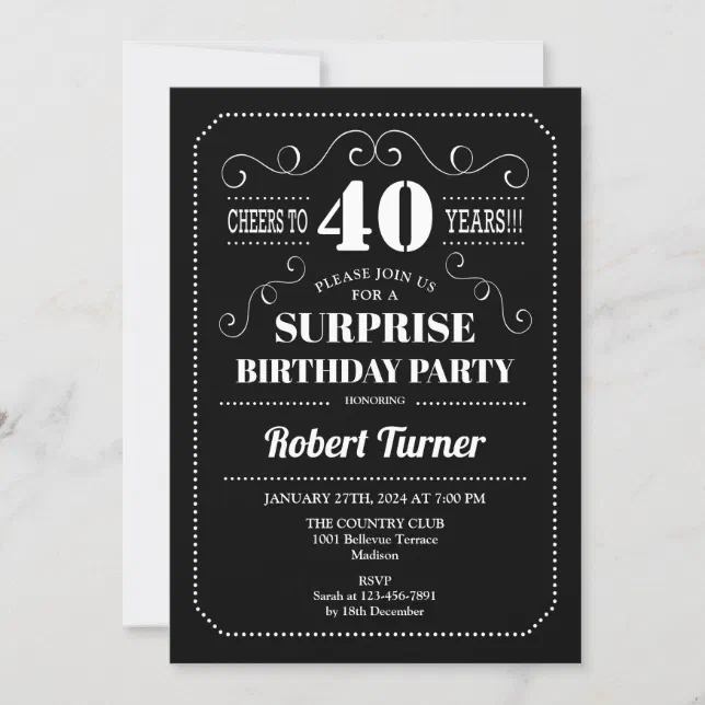 Surprise 40th Birthday - Black White Invitation | Zazzle
