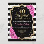 Surprise 40th Birthday - Black White Pink Invitation<br><div class="desc">Surprise 40th Birthday Invitation.
Feminine black,  white,  pink design with faux glitter gold. Features black and white stripes,  pink roses,  script font and confetti. Perfect for an elegant birthday party. Can be personalized to show any age. Message me if you need further customization.</div>