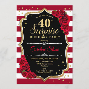 Surprise 40th Birthday - Black White Red Invitation