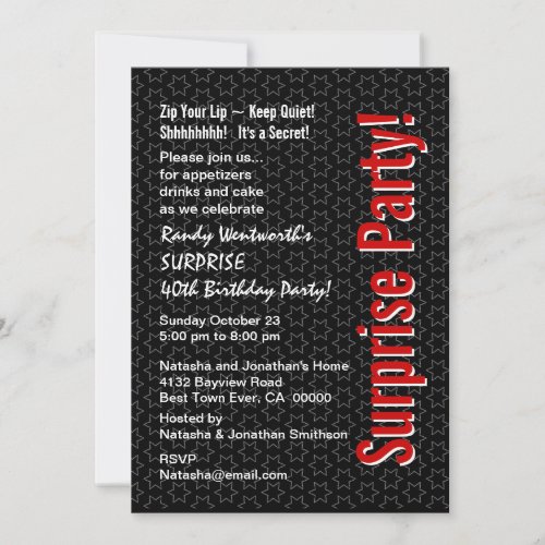 SURPRISE 40th Birthday Black White Red Stars Invitation