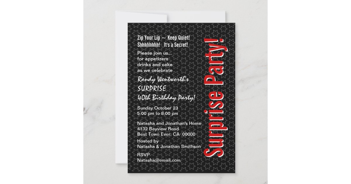 SURPRISE 40th Birthday Black White Red Stars Invitation