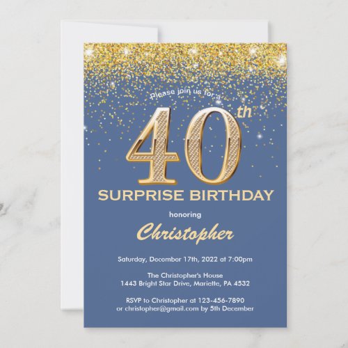 Surprise 40th Birthday Blue and Gold Glitter Invitation