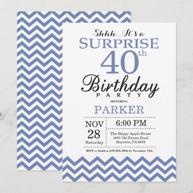 Surprise 40th Birthday Blue Chevron Invitation (Front/Back)