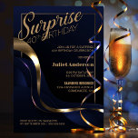 Surprise 40th Birthday Blue Gold Party Invitation<br><div class="desc">Organize your surprise milestone 40th birthday celebration in style with our chic and sophisticated blue party invitation. With its customizable text, you can personalize the invitation. This invitation features a fine gold frame that encloses the text, adding a touch of luxury to your special occasion. The gold and blue abstract...</div>