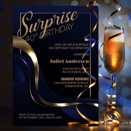 Surprise 40th Birthday Blue Gold Party Invitation