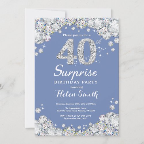 Surprise 40th Birthday Blue Silver Diamond Invitation