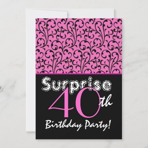 SURPRISE 40th Birthday Bright Pink Black Swirls Invitations