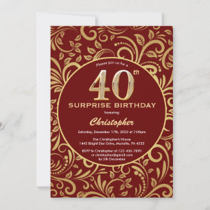 Surprise 40th Birthday Burgundy Red & Gold Floral Invitation