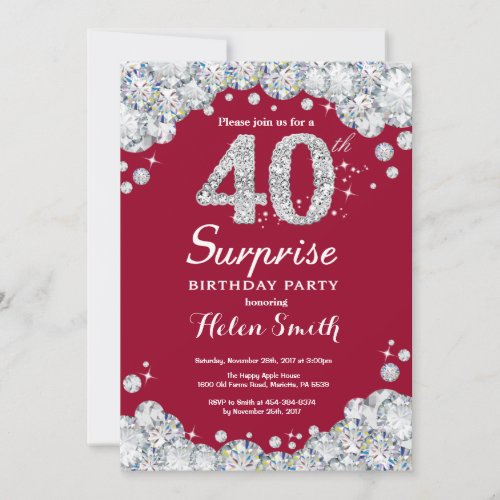 Surprise 40th Birthday Burgundy Red Silver Diamond Invitation
