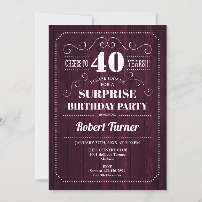 Surprise 40th Birthday - Burgundy Wood Pattern Invitation (Front)