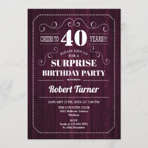 Surprise 40th Birthday - Burgundy Wood Pattern Invitation