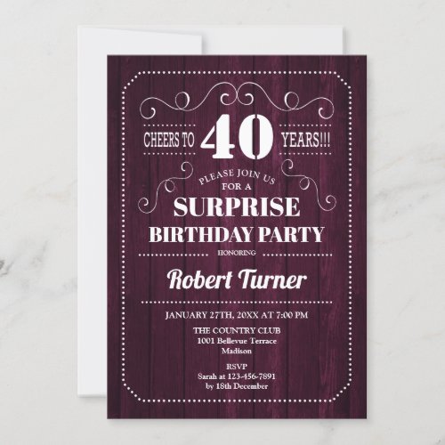 Surprise 40th Birthday _ Burgundy Wood Pattern Invitation