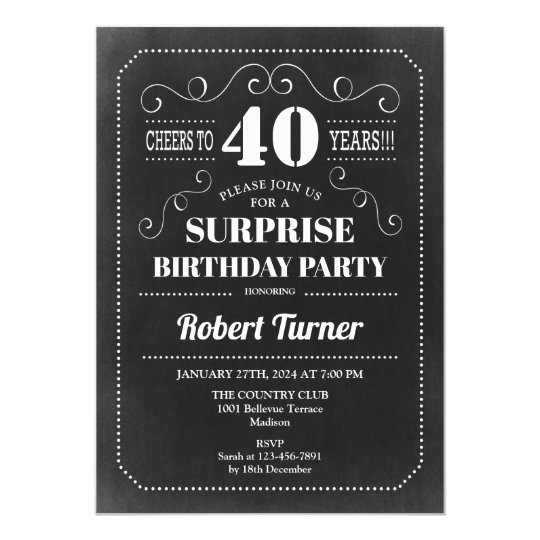 Surprise 40th Birthday - Chalkboard ANY AGE Invitation | Zazzle.com