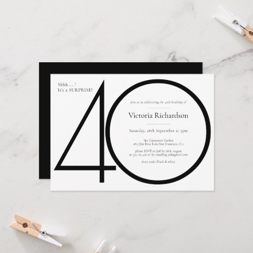 Surprise 40th Birthday Chic Black White Custom