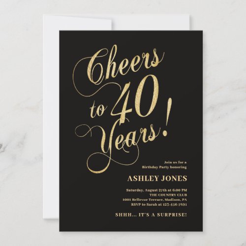 Surprise 40th Birthday Elegant Gold Black Invitation