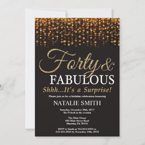 Surprise 40th Birthday Forty and Fabulous Gold Invitation
